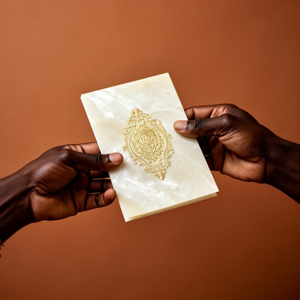 Hands exchanging an embossed invitation card